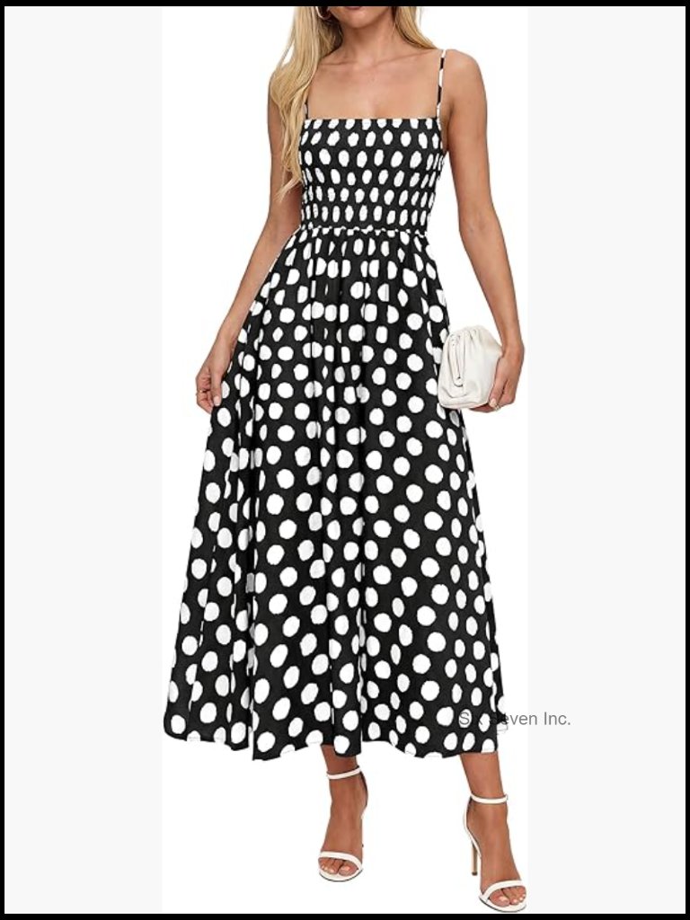 Polka Dot Midi Dress Smocked Spaghetti Straps A-Line Pockets Summer Wedding